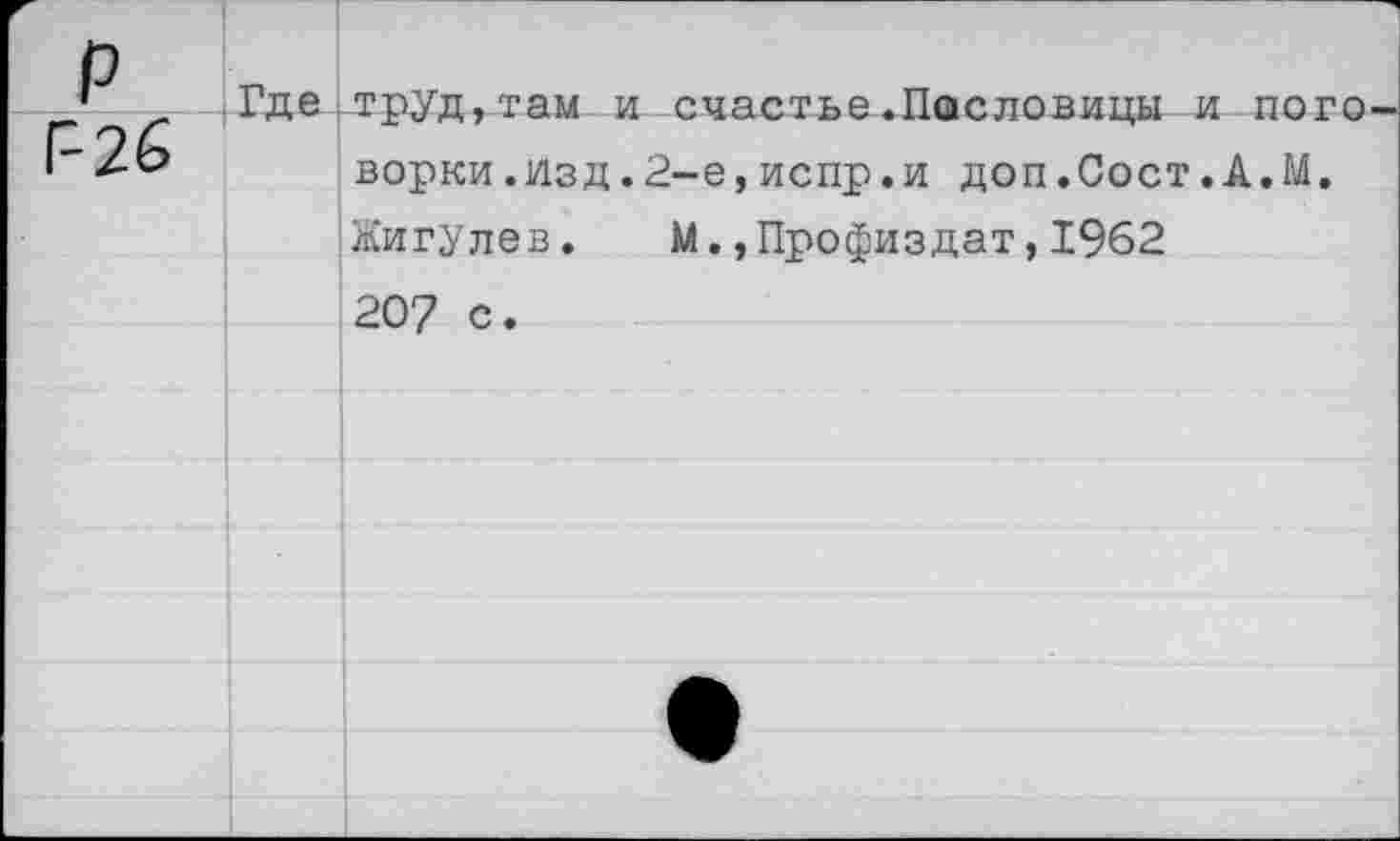 ﻿р
Г-26
Где труд,там и счастье.Пословицы и поговорки. Изд.2-е,испр.и доп.Сост.А.М. Жигулев. М.,Профиздат,1962 207 с.